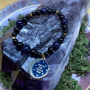 M26 Blue Night Starry Sky Goldstone Bead with Gold Plated Charm Moon Stars Boho